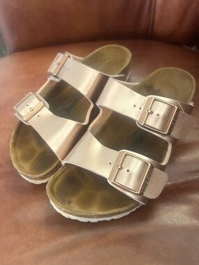 Birkenstock Kids Metallic Rose Gold Double Buckle Sandals